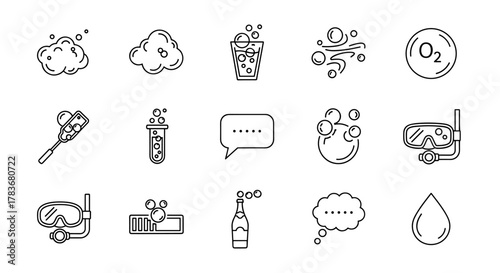 A collection of clean, minimalist line icons representing bubbles in various contexts, including soap foam, a fizzy drink, oxygen bubbles, an effervescent effect, a snorkel mask, a test tube, and a