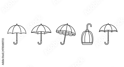 Set of five line art icons representing different types of umbrellas and parasols, including a classic umbrella, a decorative parasol with scalloped edges, and a closed umbrella with a curved handle