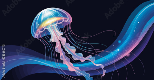 The image features a vibrant jellyfish gracefully floating in a dark, abstract space, showcasing intricate translucent tentacles and enchanting colors that mesmerize viewers.