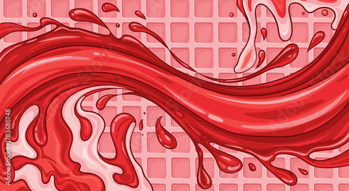 Vibrant red strawberry jam or syrup flowing and splashing over a pink candy waffle pattern background, creating a sweet dessert texture with liquid drips and swirls, perfect for food and beverage