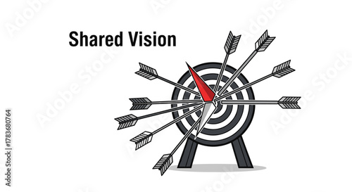 Conceptual illustration of a shared vision, represented by a target with multiple arrows pointing towards its center, symbolizing teamwork, collaboration, and collective goals in a business or