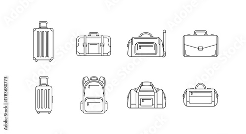 A collection of minimalistic linear icons representing various types of luggage and travel bags, including suitcases, briefcases, duffel bags, and backpacks, designed for web, graphic design, apps