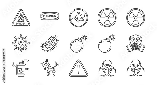 Collection of danger and hazard line icons, including fire warning, angry dog, chemical radiation symbol, virus, bomb, gas mask, and biohazard signs, presented as a thin line, editable stroke graphic
