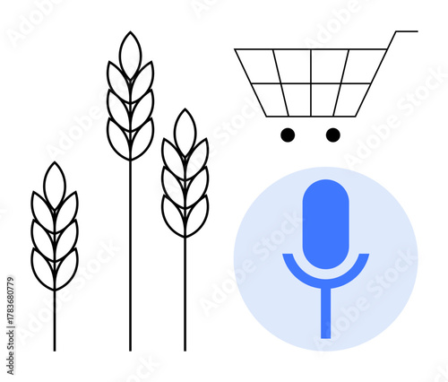 Microphone, wheat stalks, and shopping cart visualizing voice-activated shopping, agriculture, sustainability, and technology. Ideal for food supply, online commerce, farming innovation retail