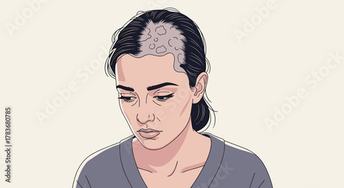 Vector illustration of a young woman looking down with a worried expression, showing patches of hair loss on her scalp, symbolizing alopecia or stress-related hair thinning, medical condition concept