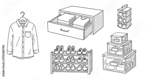 Hand-drawn doodle illustration of practical closet organization items, including a white shirt on a hanger, a drawer with folded clothes, a shoe rack with various footwear, clear storage boxes