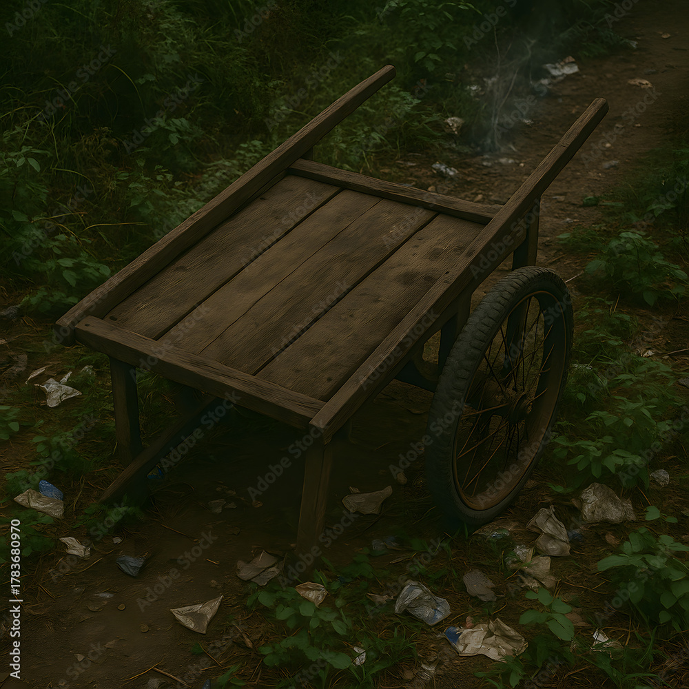 Fototapeta premium Abandoned wooden handcart on muddy rural path surrounded by wild grass and scattered litter, rustic old wheelbarrow concept, vintage transport cart symbolizing poverty decay and forgotten countryside 