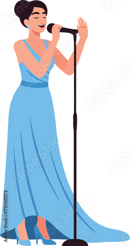Digital artwork of a confident, stylish woman with an updo hairstyle singing passionately into a professional microphone, signifying talent and entertainment
