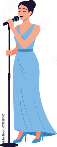 A sophisticated cartoon character representing a musician or celebrity giving a live vocal performance at a concert, event, or music festival