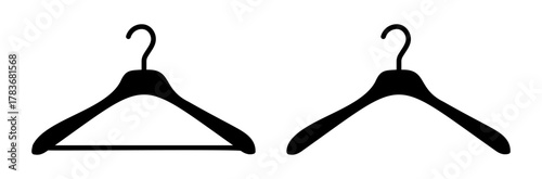 Hanger wardrobe icon. Cloakroom black silhouette pictogram collection. Dry cleaning pattern, clothing store sign. Clothes rack, service symbol set.