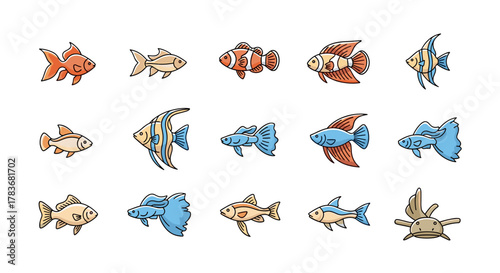 Collection of diverse cartoon fish icons, featuring goldfish, angelfish, clownfish, guppies, betta fish, and a catfish, presented in a vibrant and minimalistic linear style, perfect for web, graphic