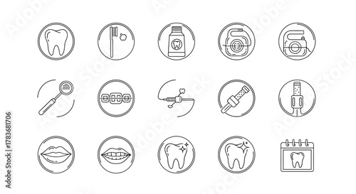 A comprehensive bundle of minimalistic linear pictograms representing tooth and dentistry, featuring icons for braces, cleaning tools, dental hygiene, and oral care, ideal for web, graphic design