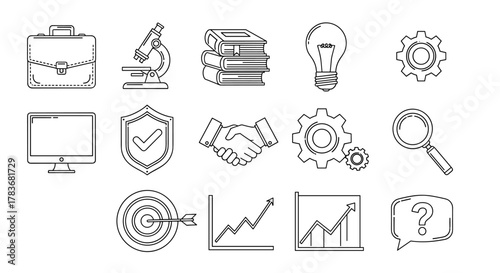 Collection of business and technology icons in thin line style, including briefcase, microscope, books, lightbulb, gears, computer monitor, shield, handshake, target, graphs, and question mark