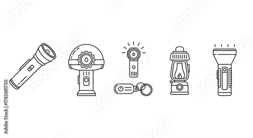 Collection of diverse flashlight and lantern line icons, including a classic camping lantern, a modern LED flashlight, a keychain light, and a headlamp, presented on a clean white background, perfect