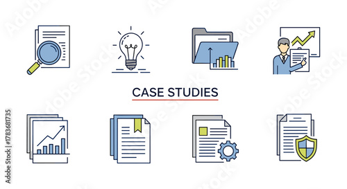 Set of eight flat line icons representing case studies, including a magnifying glass over documents, a lightbulb, a folder with charts, a presenter with a growth chart, stacked documents with graphs