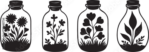  botanical terrarium illustrations, showcasing diverse plants and flowers in sealed glass jars with cork stoppers Minimalist silhouette art