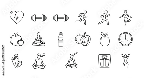 Collection of Healthy Lifestyle Signs and Symbols, Fitness and Wellness Icons, Drawn with Thin Line Art for Apps, Websites, Banners, Infographics, and Various Design Projects. Includes Heartbeat