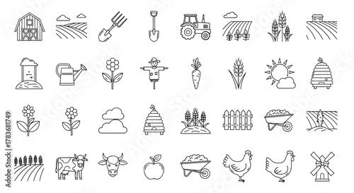 A comprehensive collection of outline symbols representing fields, farms, and gardens, meticulously drawn with thin lines, ideal for diverse design applications including apps, websites, banners, and