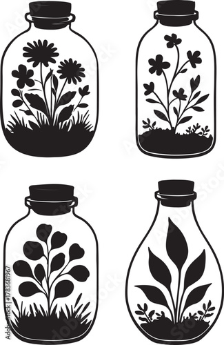 botanical terrarium illustrations, showcasing diverse plants and flowers in sealed glass jars with cork stoppers Minimalist silhouette art