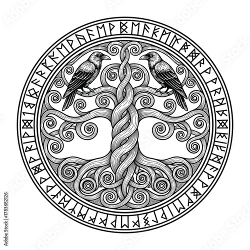 Celtic Tree of Life Symbol – Sacred Knotwork Yggdrasil Design for Tattoos, Spiritual Art, and Pagan Decor, vector illustration, isolated black and white, Vector art