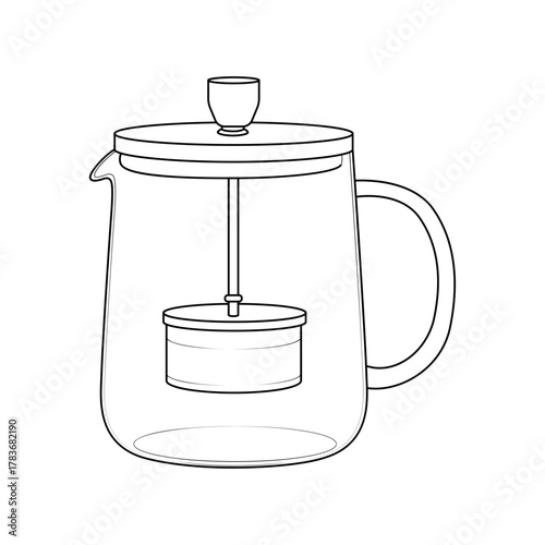 Outline illustration of a glass French press coffee maker. Minimalist kitchen appliance design for cafe menu, print, or packaging.