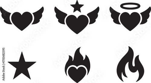  Set of heart icon with angel wings, star, fire silhouette vector illustration