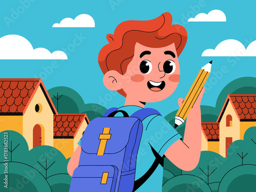 A cheerful boy with red hair smiles while holding a pencil, wearing a blue shirt and backpack, standing amidst a bright and colorful background of houses and trees.