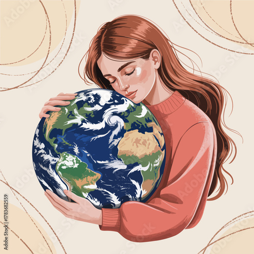 An illustration of a young woman embracing the Earth, symbolizing love for the planet and the call for environmental conservation and awareness to protect our home for future generations.