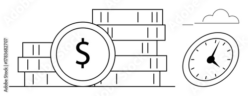 Stacked coins with dollar sign, classic clock, and cloud outline emphasizing time-management and financial planning. Ideal for economy, savings, budgeting, investment, time value, management