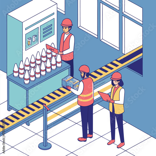 Adobe Illustrator Artwork:  A vector illustration of a factory artillery shell production line