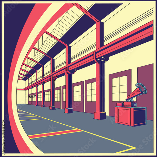 Adobe Illustrator Artwork: A vector illustration of an interior space of a factory warehouse
