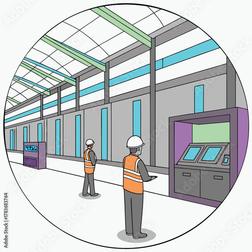 Adobe Illustrator Artwork: A vector Illustration of a subway station platform ticketing machine with workers