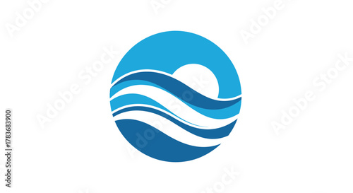 Abstract oceanic emblem with curved wave patterns inside a cyan blue circle shape icon