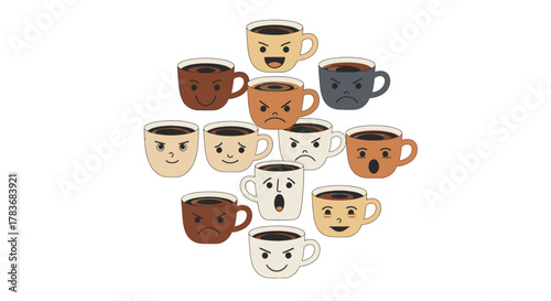 A collection of coffee cups expressing a range of diverse emotions and feelings displayed on their