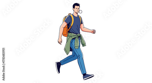 Energetic young man walking with backpack and jacket tied around waist in graphic style