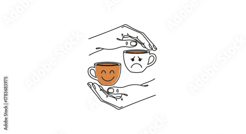 Hands safeguarding emotional state, showcasing happy and sad coffee cups with emotive expressions
