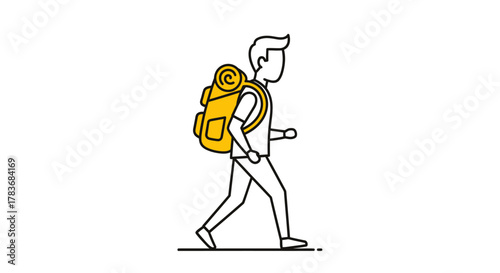 Minimalist illustration of a hiker with a backpack embarking on an outdoor adventure expedition