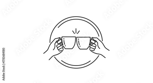 Minimalist illustration of hands clinking coffee cups in a celebratory toast within a circular frame