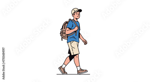 Cartoon illustration of a young man walking with a backpack on a white background with simple