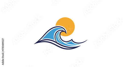 Stylized wave cresting beneath a radiant sun evokes peaceful oceanic imagery