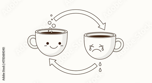 Circular emotional coffee cycle, from happiness to sadness and back, a cup tale of constant change