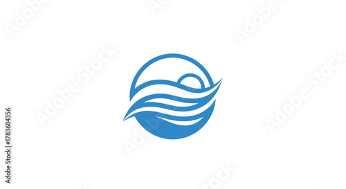Serene Water Crest Emblem in Circular Frame Depicting Ocean Waves and Sun