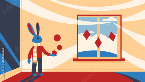 Blue Rabbit Juggling Red Balls by a Window with Mountain View
