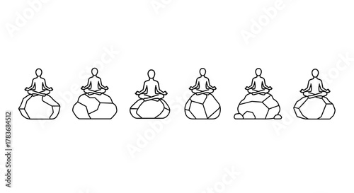 Set of six minimalist line art illustrations depicting a person in a meditative pose, seated cross-legged on a stylized rock formation, against a clean white background, perfect for wellness and