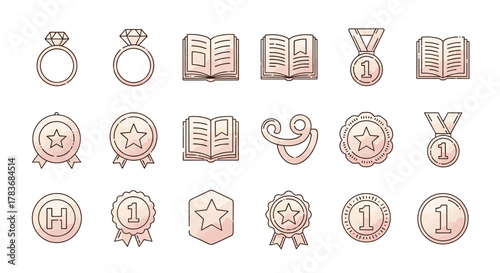 Collection of watercolor thin line icons representing awards, rings, books, and medals, suitable for websites, books, cards, and apps, featuring editable strokes and a cartoon illustration style with