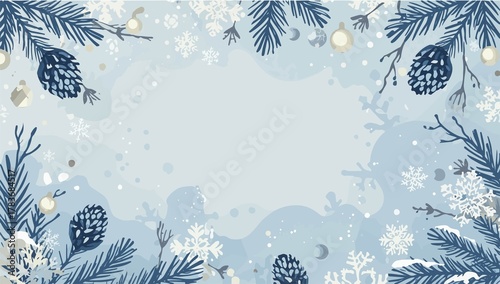  illustration template featuring a serene winter decoration background with a flat design aesthetic, incorporating gentle snowflakes, frosted pinecones