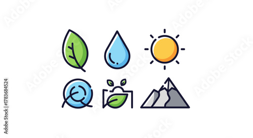 Vibrant and stylized vector cartoon illustration set featuring essential elements of nature: a lush green leaf, a clear blue water droplet, a radiant sun, a swirling globe representing the Earth, a