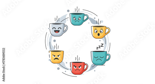 Expressive coffee cups circle showcasing diverse emotions and reactions in a playful design