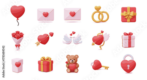 Set of 3D Valentine's Day icons for social media ads and banners, featuring romantic symbols like hearts, roses, doves, rings, gifts, teddy bears, and locks, presented in a clean, cartoonish vector