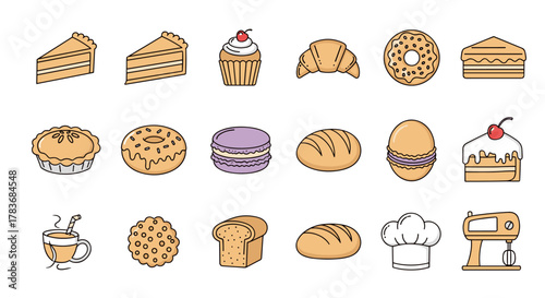 A delightful collection of line art icons representing various cakes, pastries, and bakery items, perfect for use in infographics, articles, books, flyers, and banners, rendered in a charming cartoon